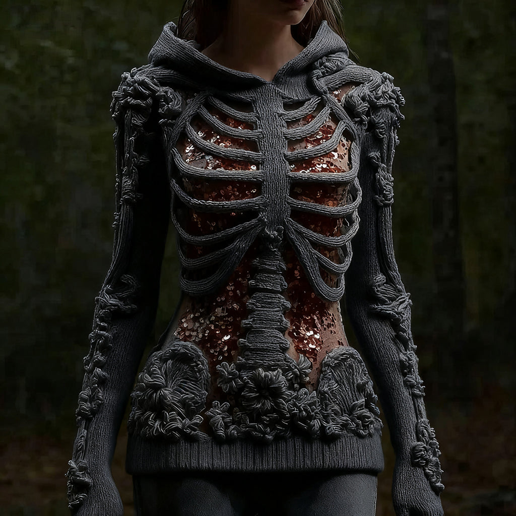 Halloween Skull Floral Knitted Warm Hooded Sweater