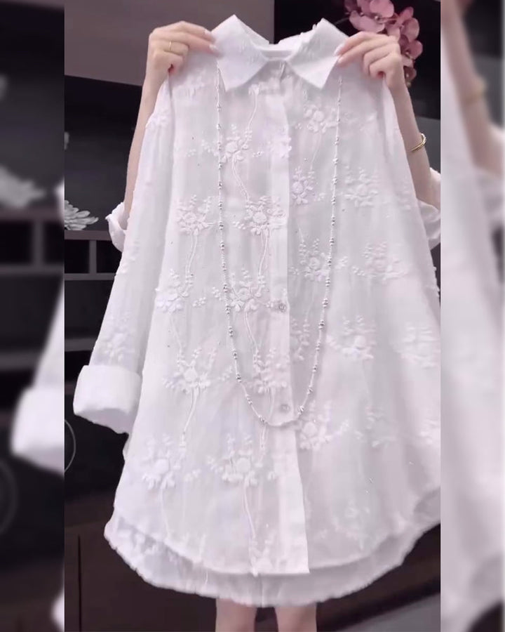 Embroidered Solid Color Shirt with Dropped Shoulders