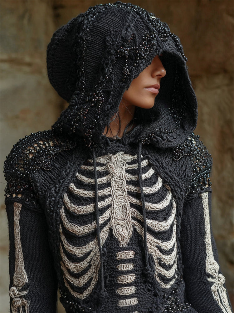 Vintage Gothic Skeleton Beaded Hooded Cozy Knit Sweater