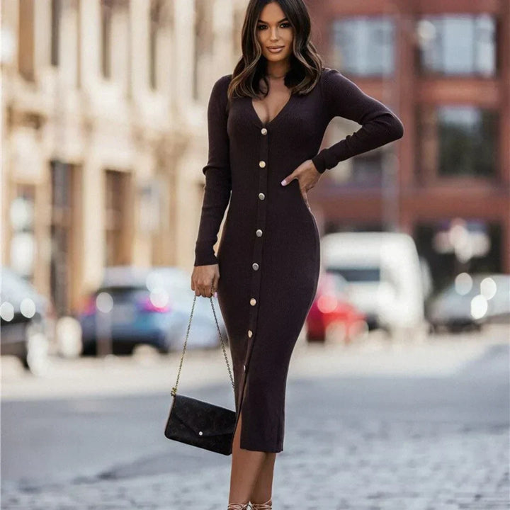 Women's Winter Knitted V-Neck Bodycon Dress