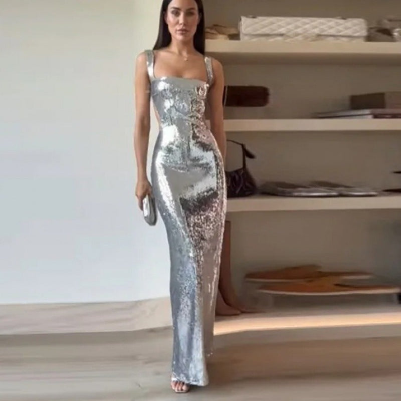 Elegant Floor-Length Sequin Cocktail Dress