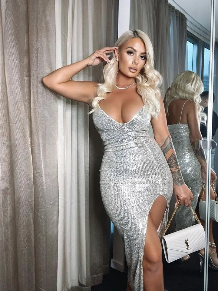 Sequined Bodycon Cocktail Dress with Deep V-Neck