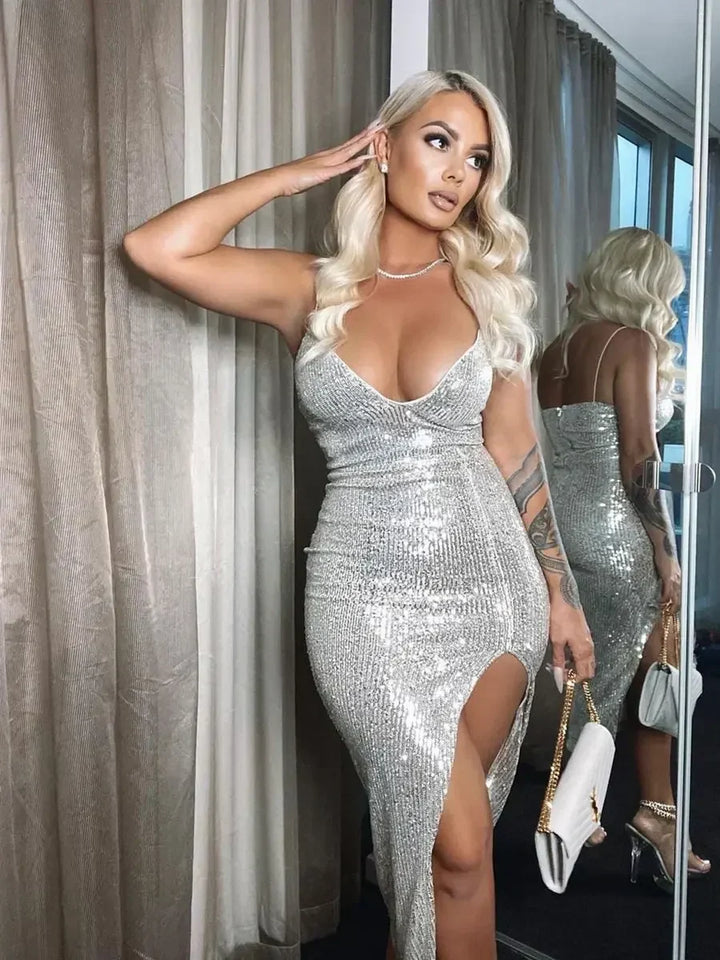 Sequined Bodycon Cocktail Dress with Deep V-Neck