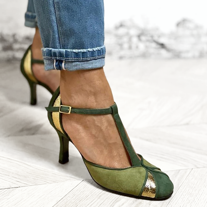 PRISCILLA – GREEN & GOLD T-BAR HEEL