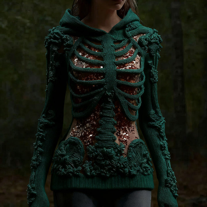 Halloween Skull Floral Knitted Warm Hooded Sweater