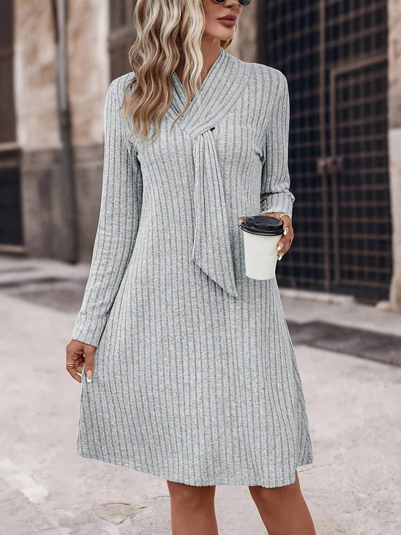 Elegant Women's Ribbed Knit Dress with Scarf