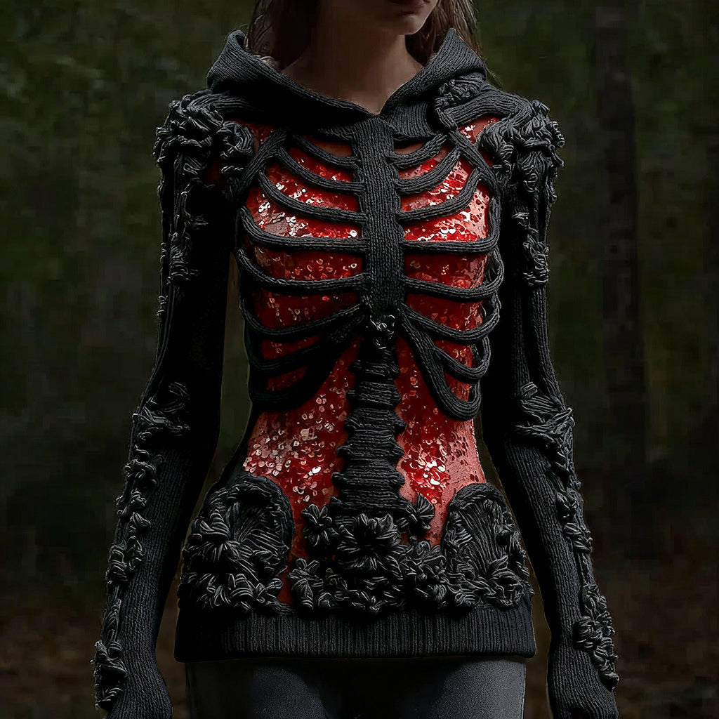 Halloween Skull Floral Knitted Warm Hooded Sweater