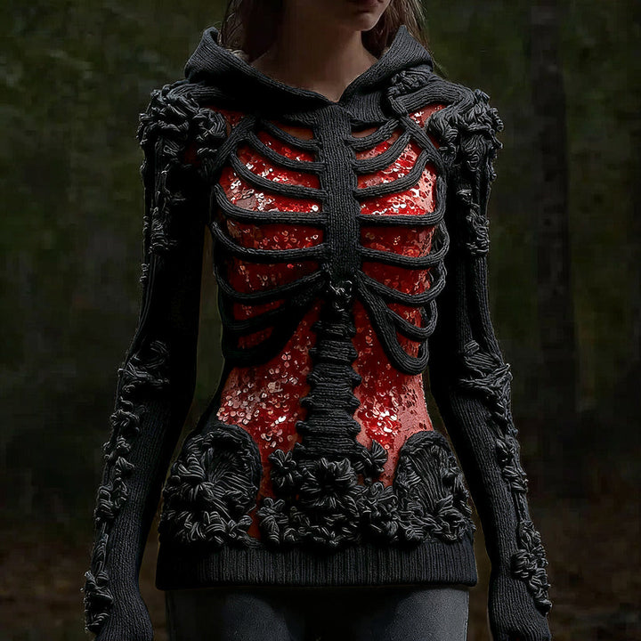 Halloween Skull Floral Knitted Warm Hooded Sweater